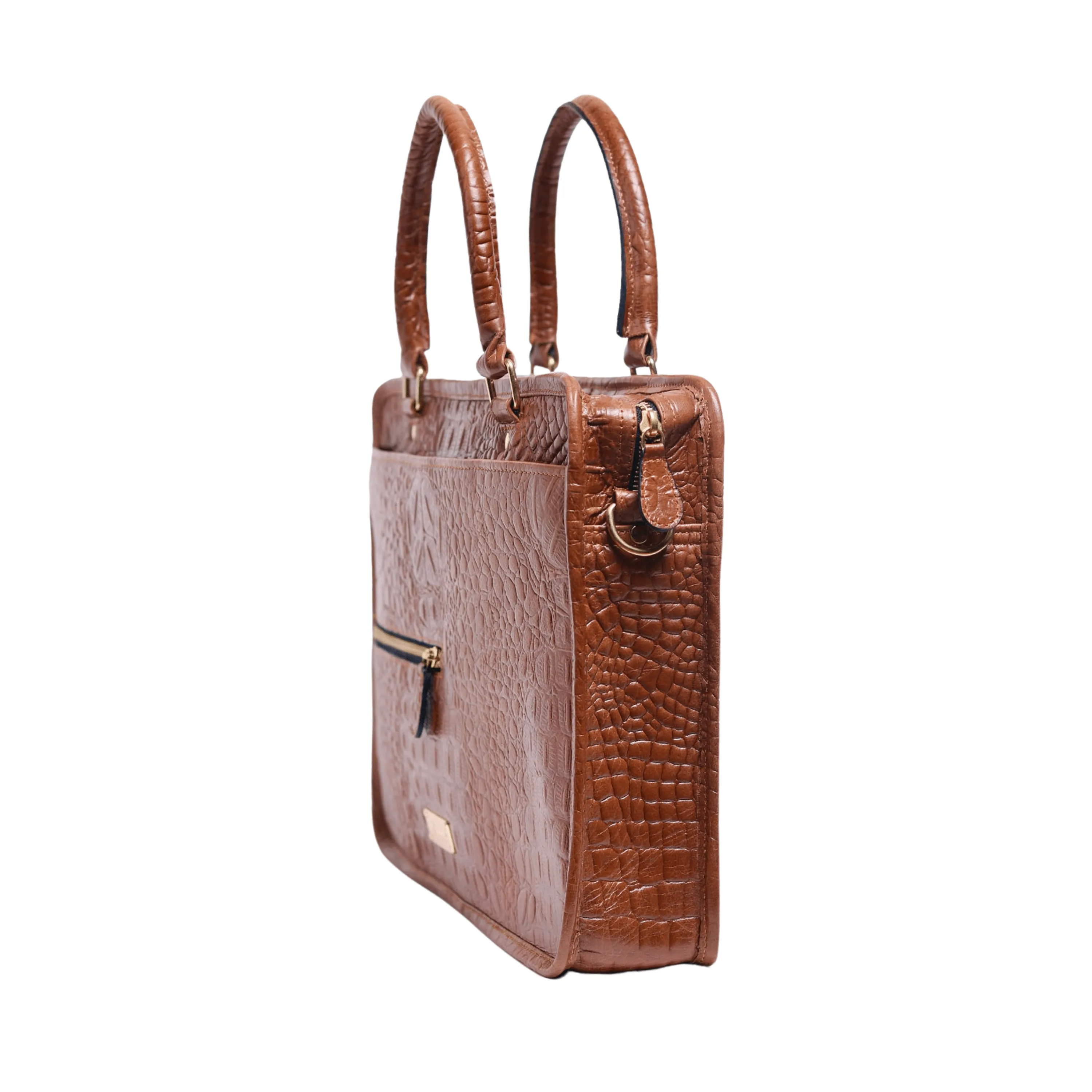 TAN CROCO LEATHER LAPTOP BAG