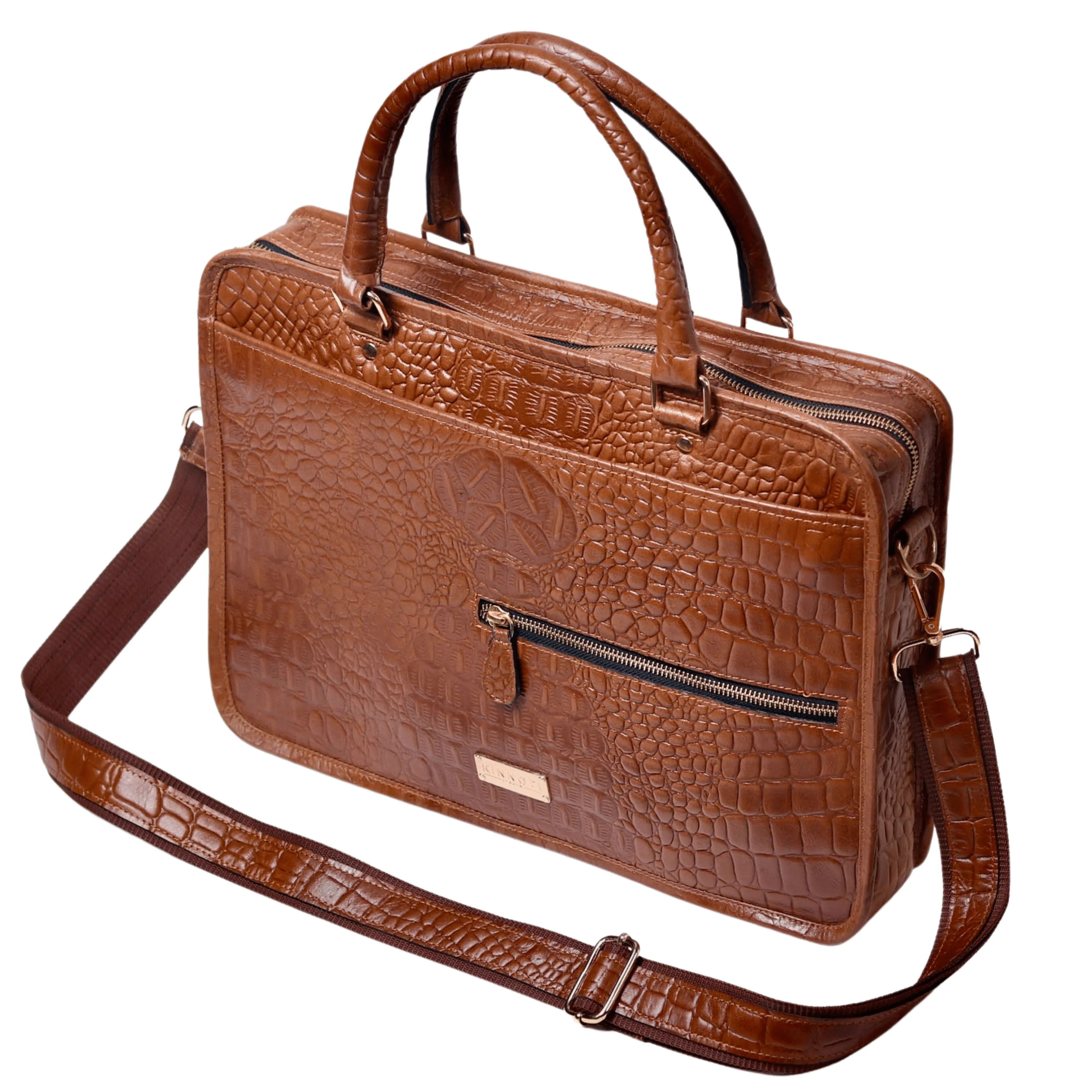 TAN CROCO LEATHER LAPTOP BAG