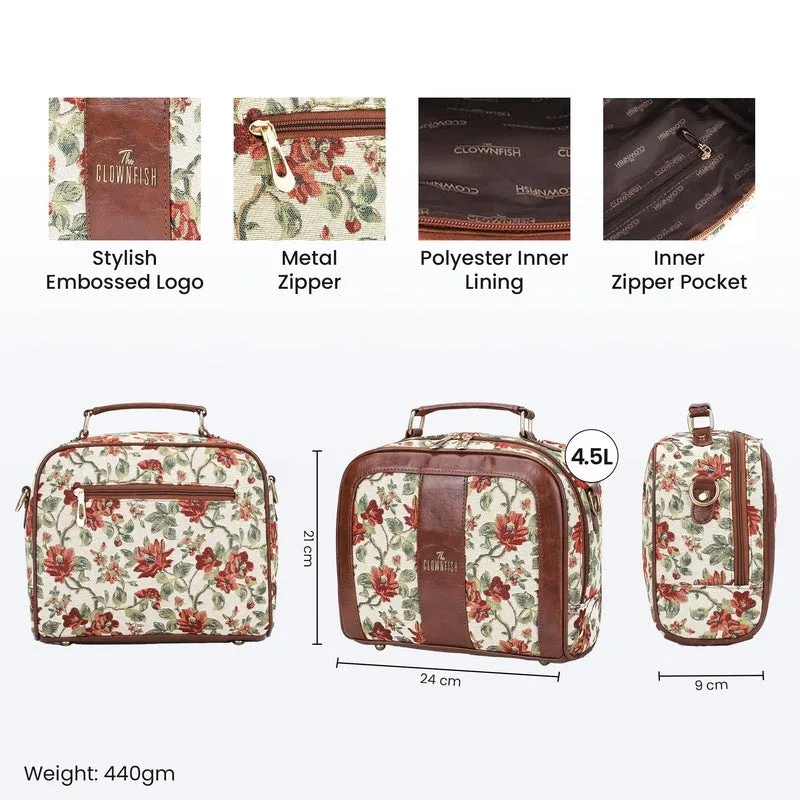 THE CLOWNFISH Elsie Series Tapestry Crossbody Sling Bag for Women Ladies Handbag Single Shoulder Bag with Shoulder Belt (Off White-Floral)