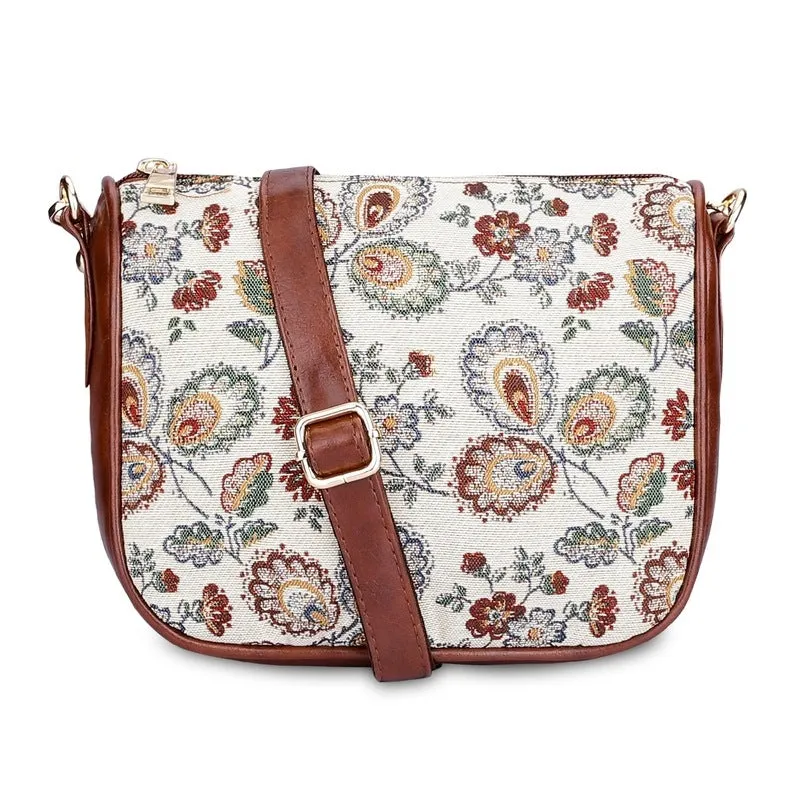 THE CLOWNFISH Garnet Series Tapestry Fabric Crossbody Sling Bag for Women Ladies Single Shoulder Bag Shoulder Belt (White -Animal Print)