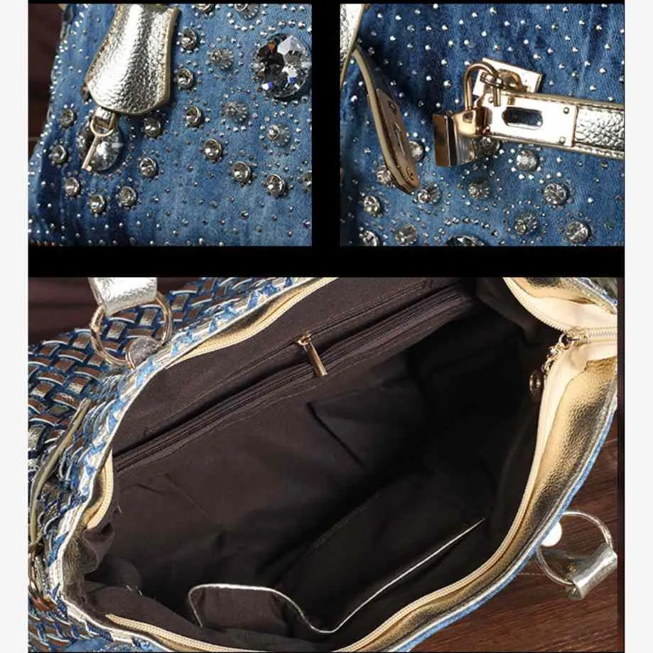 Toyella Diamond-studded Denim Messenger Bag