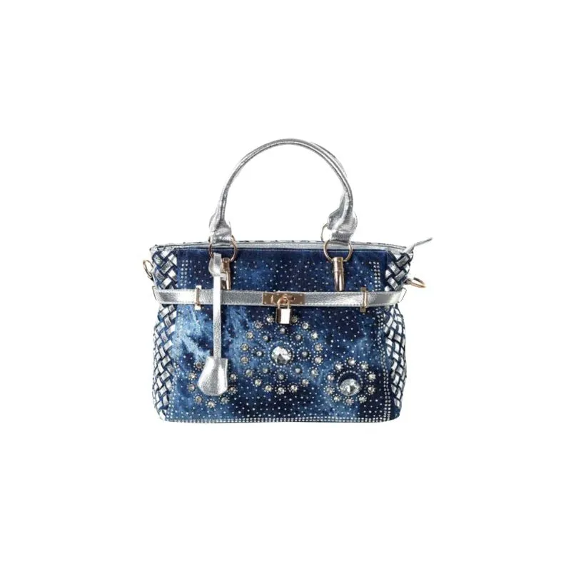 Toyella Diamond-studded Denim Messenger Bag