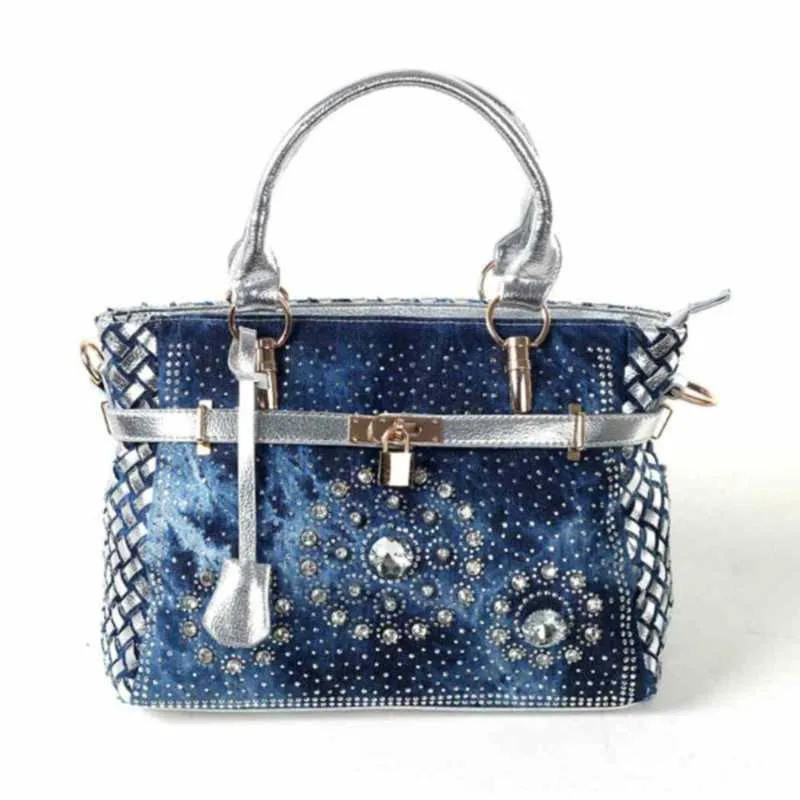 Toyella Diamond-studded Denim Messenger Bag