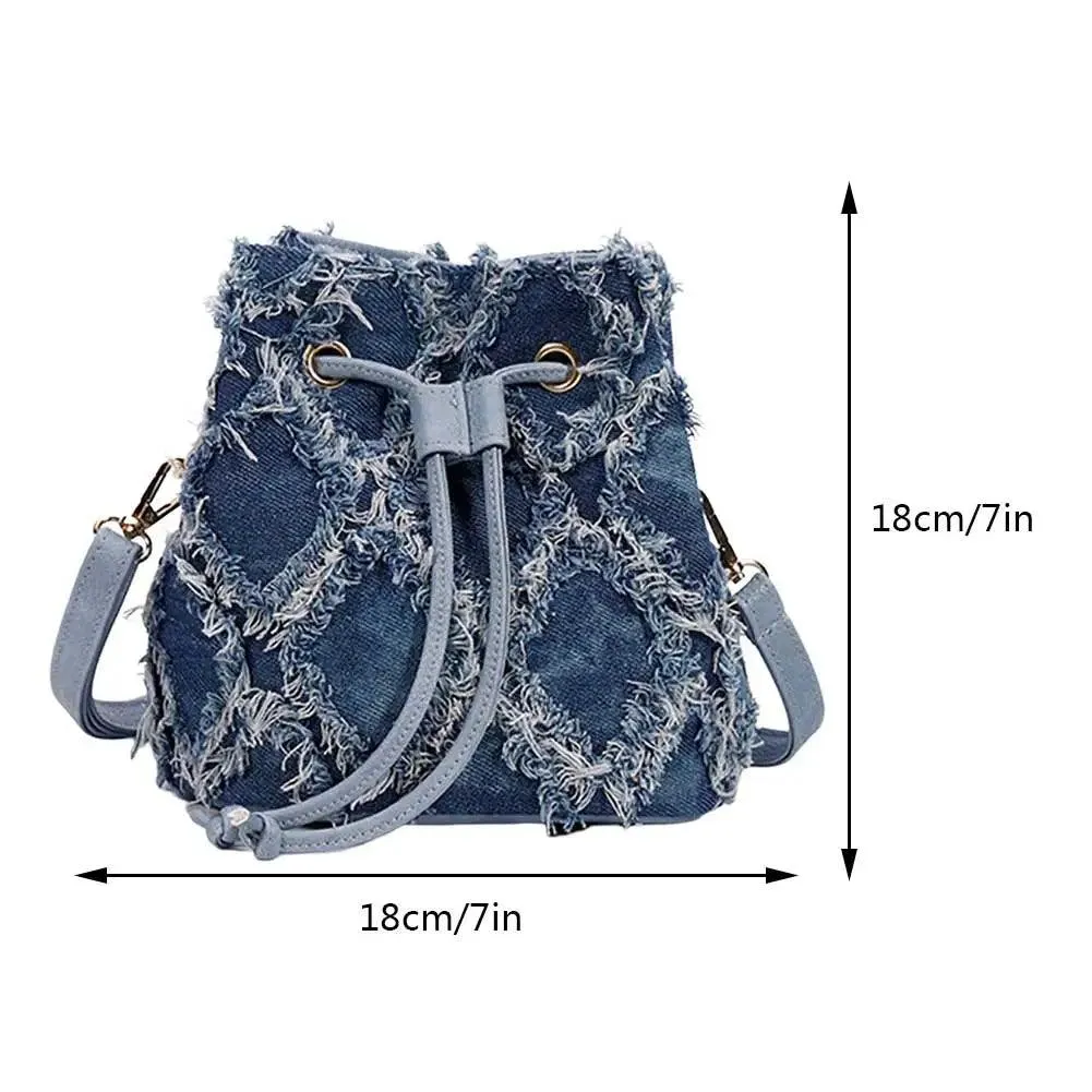 Trendy Denim Bucket Bag with Tassel Detailing