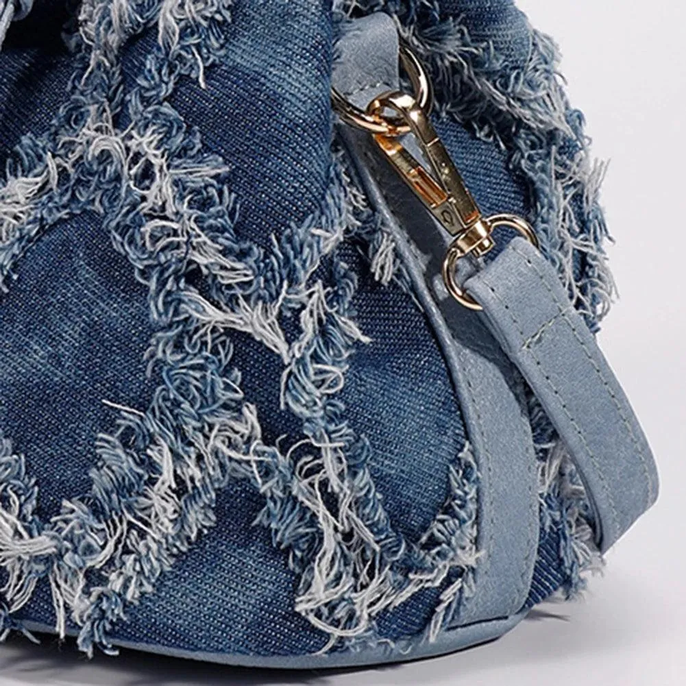 Trendy Denim Bucket Bag with Tassel Detailing