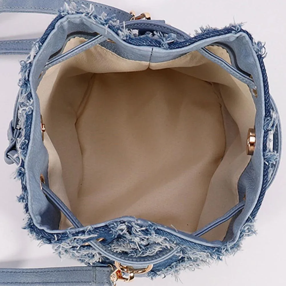 Trendy Denim Bucket Bag with Tassel Detailing