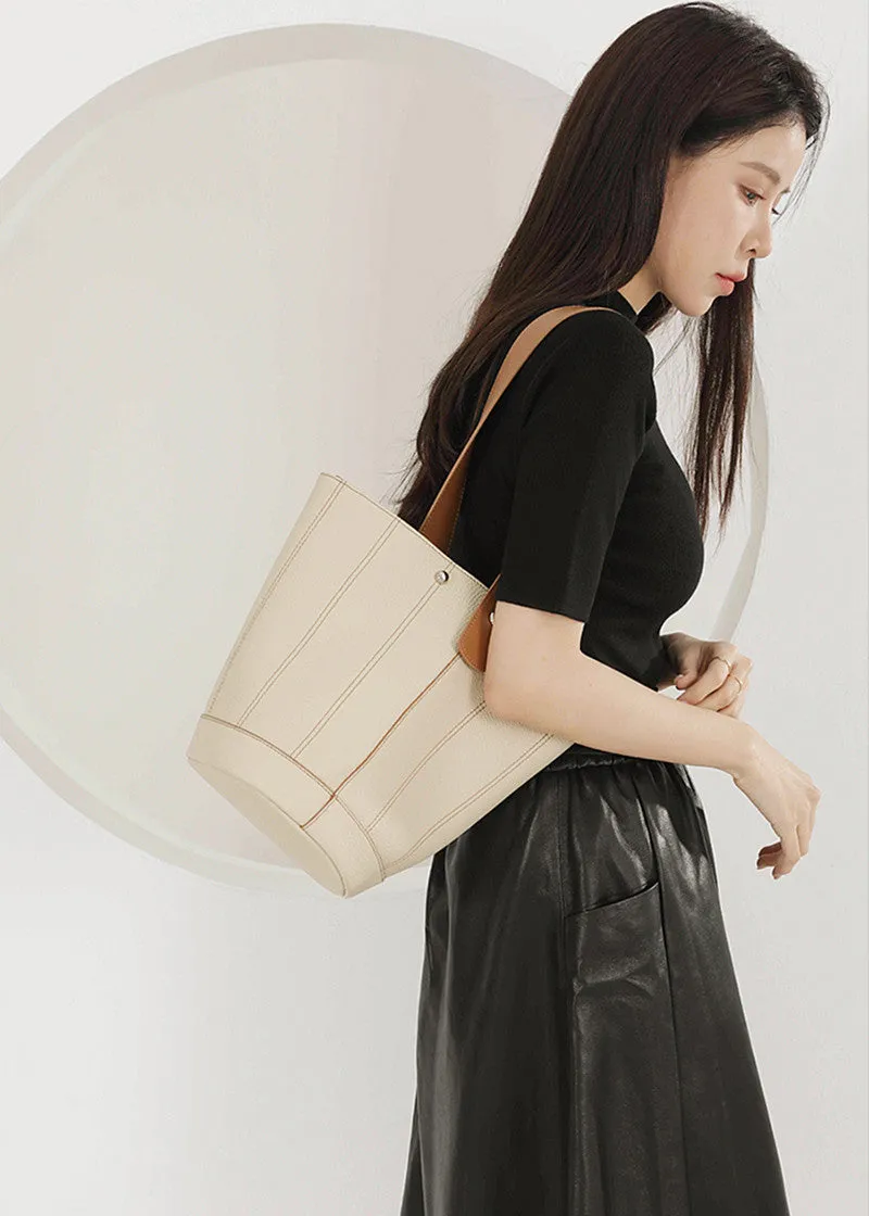 Versatile Strap Full Grain Leather Bucket Bag