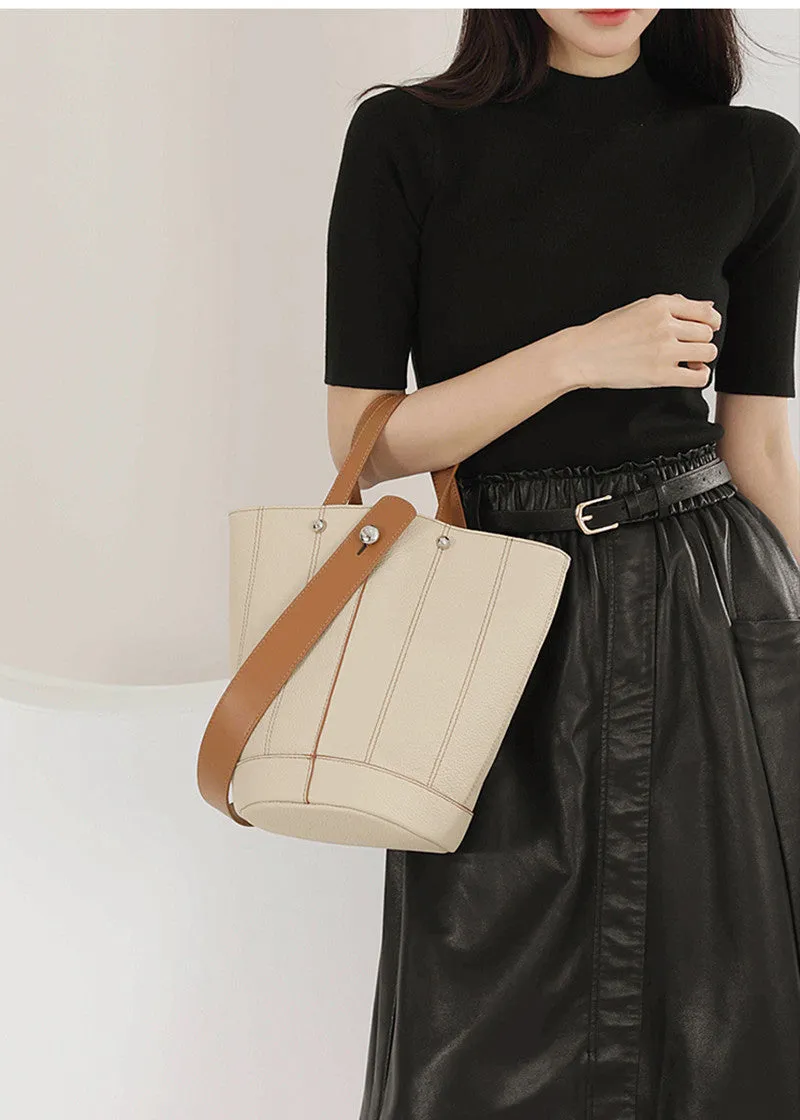 Versatile Strap Full Grain Leather Bucket Bag