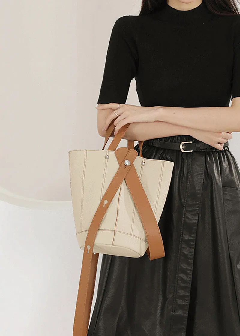 Versatile Strap Full Grain Leather Bucket Bag