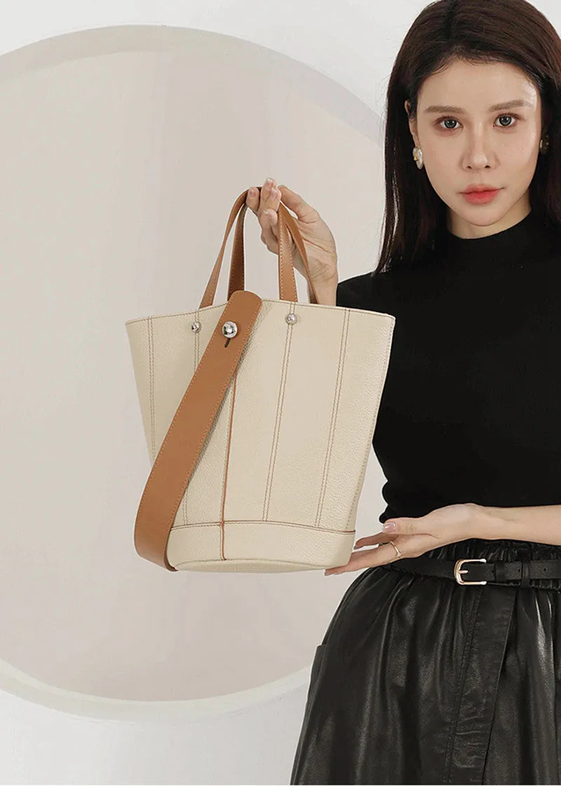 Versatile Strap Full Grain Leather Bucket Bag