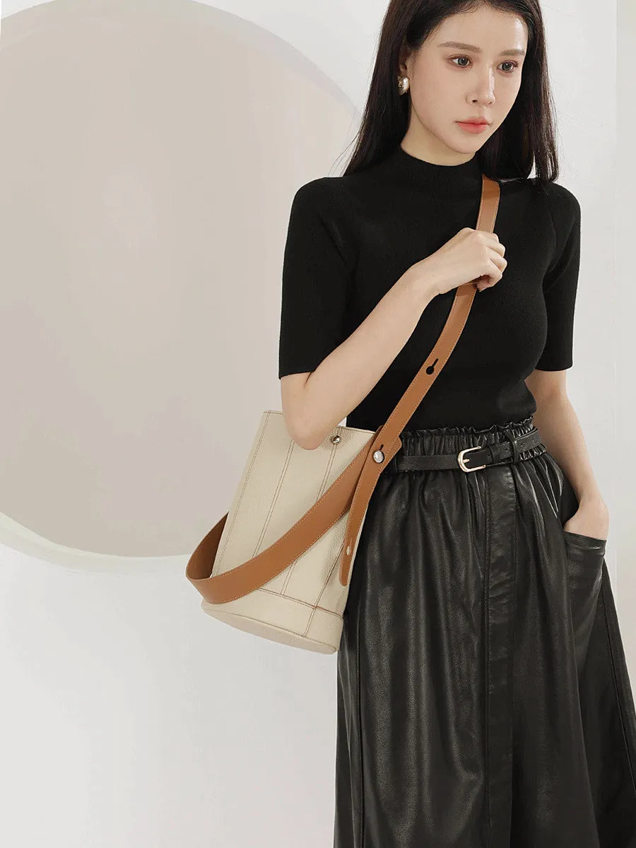 Versatile Strap Full Grain Leather Bucket Bag