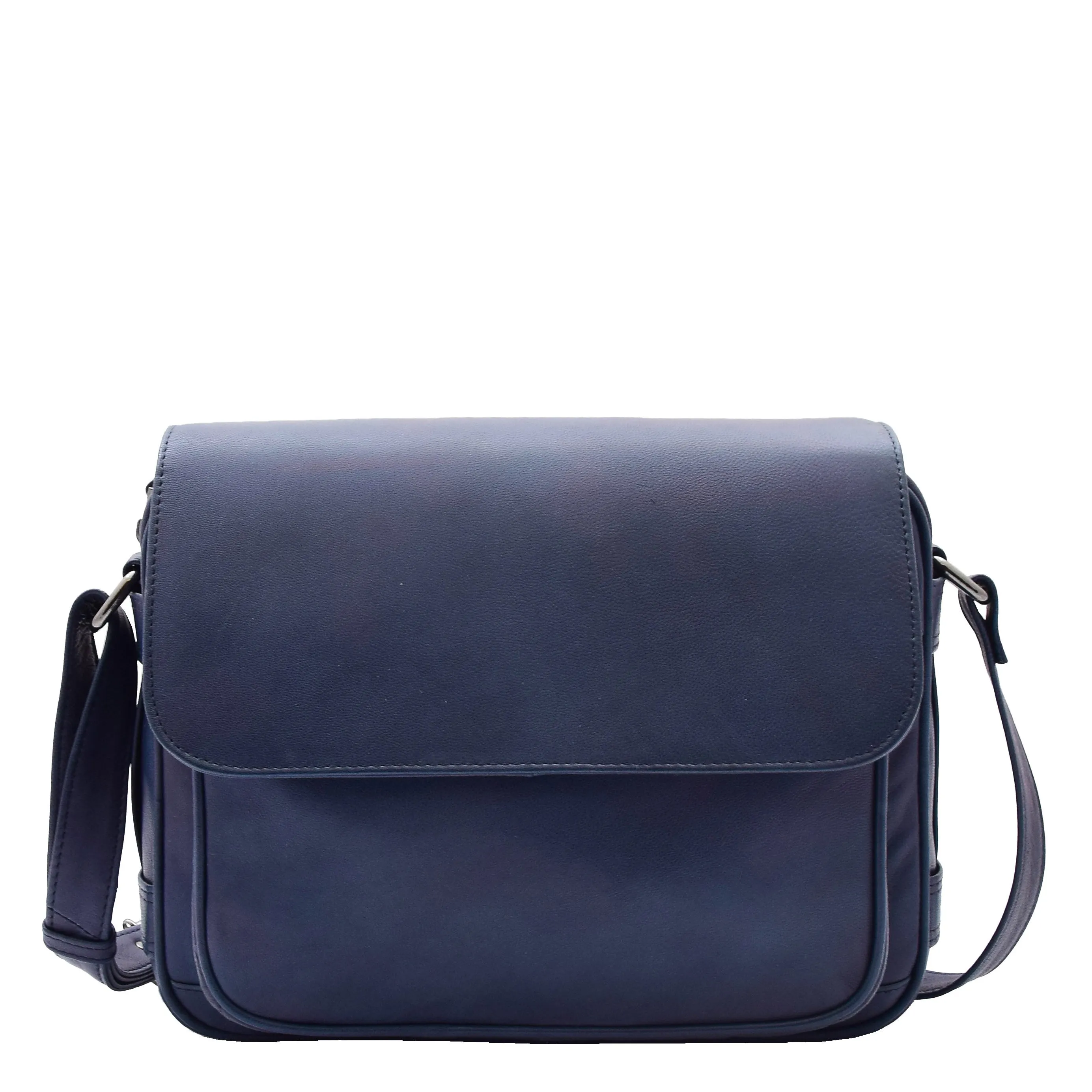 Womens Cross Body Real Leather Messenger Bag Flap Over Organiser HOL325 Navy