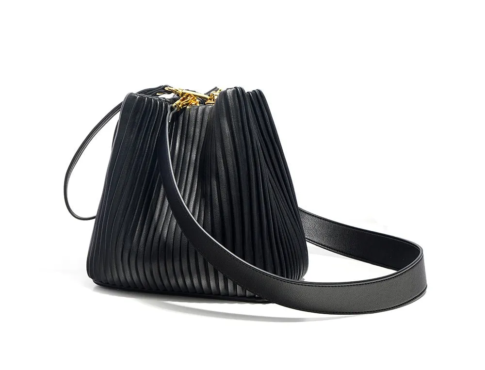 Womens Large Leather Pleated Bucket Shoulder Cross Body Handbag