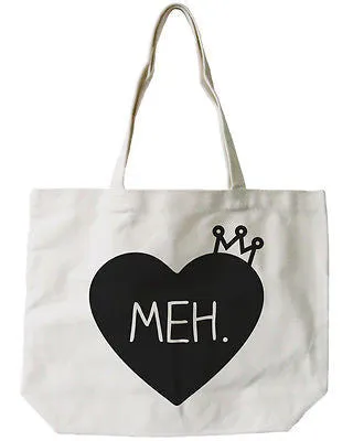 Women's Natural Canvas Tote Bag- Cute "Meh." Princess Crown- 18x14inches