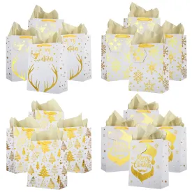 YIWA 16 Pack Christmas Foil Gold Gift Bags Xmas Paper Bags